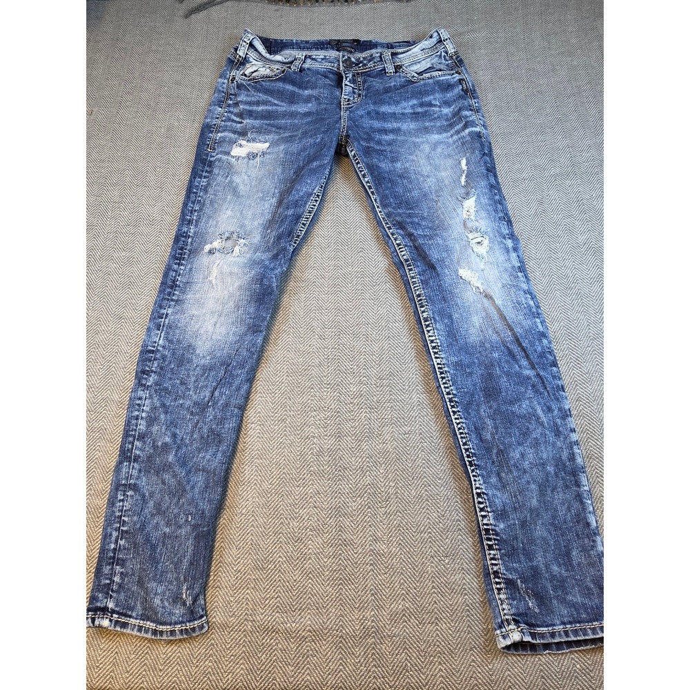 Silver Jeans Co Boyfriend Distressed Blue Super Stretch Jeans W33 L29